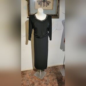 Elegant Rhinestone Beaded Peek-a-boo Sleeves Front Side Slit   Black Maxi Dress